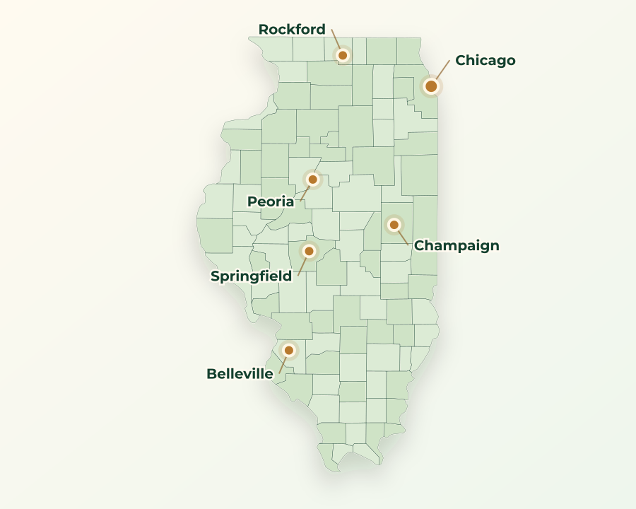 Accurate Illinois land service area map with county boundaries and major city labels